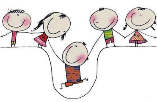Urocza kreskówka przedstawiająca czwórkę dzieci zjednoczonych w przyjaźni, które trzymają się za ręce, wspierając jedno z dzieci, które jest w dołku