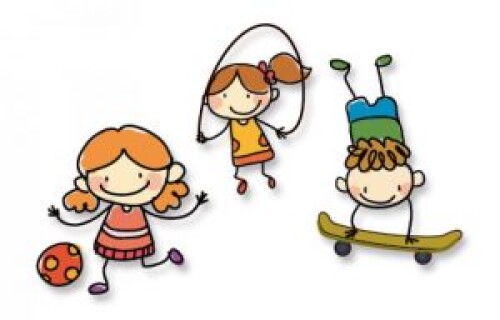 grafika przedstawiająca uśmiechnięte dzieci: dziewczynka gra w piłkę, chłopiec skacze na skakance, drugi chłopiec jedzie na deskorolce stojąc na rękach
