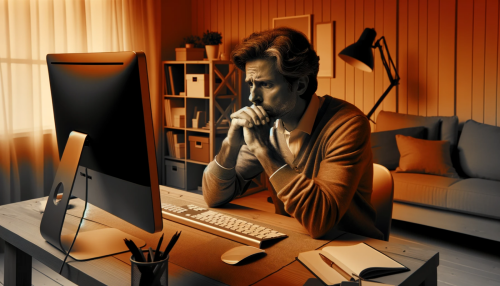 Grafika przedstawiająca zmartwionego mężczyznę przed komputerem