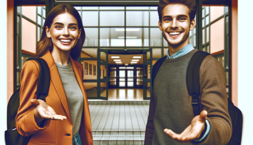 Dwójka uśmiechniętych nastolatków zaprasza do szkoły