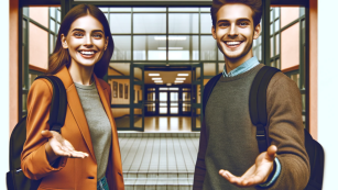 Dwójka uśmiechniętych nastolatków zaprasza do szkoły