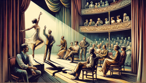 obraz przedstawiający dynamiczną scenę z aktorami na próbie na scenie