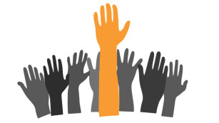 grafika przedstawiająca wyciągnięte dłonie w szarych odcieniach na wzór zgłaszania się do aktywności, środkowa ręka jest najwyżej i jest w kolorze pomarańczowym